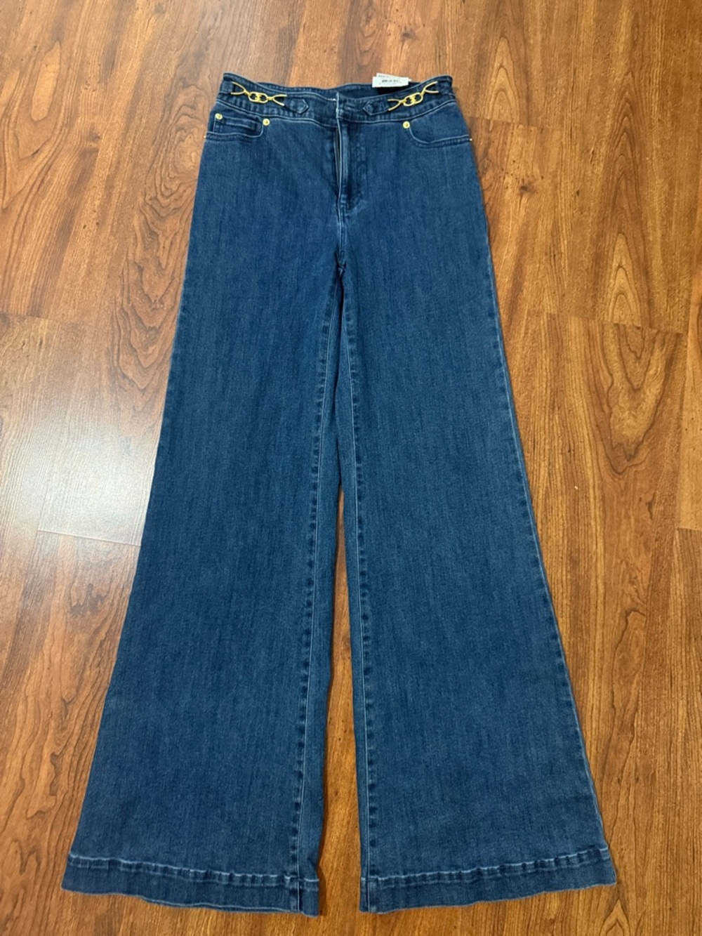 High-Rise Wide Leg Dark Blue Jeans with Gold Accent - Women